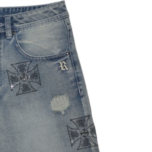 Vintage Faded Light Wash Distressed Cross Embroidered Loose Knee Length Denim Shorts <b>Rip</b> Patch Wide Leg <b>Jean</b> Cutoffs for <b>Men</b> - Product Image 6