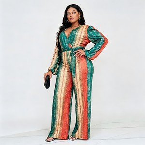 <span class=keywords><strong>Tuta</strong></span> <span class=keywords><strong>Elegante</strong></span> da Donna Taglie Forti con Stampa, Maniche Lunghe, Scollo <span class=keywords><strong>a</strong></span> V, Cintura e Gamba Larga, Ideale per Ogni Giorno, Feste e Serate - Product Image 1