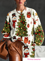 Suéter Navideño para Mujer con Estampado de Muñeco de Nieve y Árbol, Cuello Redondo, Transferencia Térmica, Personalizado para Uso Diario Informal y Festivo