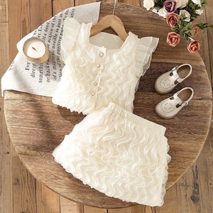 Ensemble de vêtements pour fillettes en gros, haut en tulle sans manches à volants + jupe en tulle unie, ensemble de 2 pièces - Product Image 1