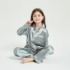 Ensemble pyjama en satin pour enfant, boutons unisexe, couleur unie, vêtements de nuit, vente en gros,