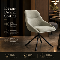 Chaise de salle à manger, tissu texturé gris clair, dossier en forme de coquille avec accoudoirs intégrés, base en métal noir évasée pour hôtel, café et bar