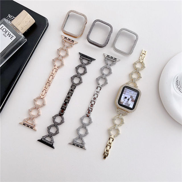 Luxury Diamond Metal Watch Band with case Set for apple Watch 45mm 49mm 38mm 42mm 40mm for apple Watch Se 40mm Band and case