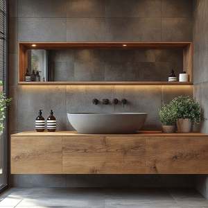 Modern Design Gray <b>Bathroom</b> Vanities <b>Cabinet</b> New Style Popular PVC Plywood with <b>LED</b> Mirror Rock Slate Basinfor for Hotels - Product Image 4