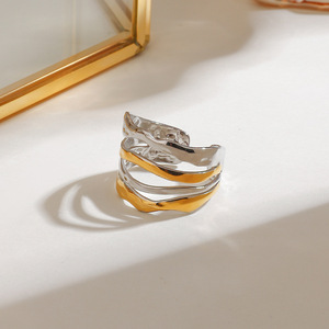 Geometric Multi Layered Adjustable <b>Open</b> <b>Ring</b> Gold Silver Color Blocking Unisex Fashion Jewelry - Product Image 3