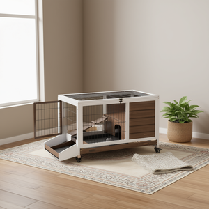 Enclos intérieur marron pour petits animaux avec plateau coulissant, rampe et roulettes – Cage pour lapins - Product Image 2