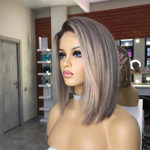 Pelucas Cortas Tipo Bob con Reflejos Rubios <span class=keywords><strong>Ceniza</strong></span>, Cabello Humano 100% Virgen con Cutícula Alineada, Pelucas con Frente de Encaje para <span class=keywords><strong>Mujer</strong></span> - Product Image 2