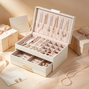 Élégante Boîte de Rangement Blanche pour Bijoux, Panneau Suspendu pour Colliers, Deux Tiroirs et Plateaux Divisés pour Collection de Bagues, Boucles d'Oreilles et Bracelets - Product Image 2