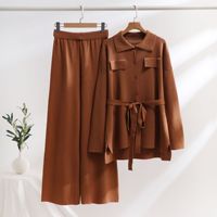 Ensemble pull en tricot pour femme, manches longues, boutonné, ceinture à la taille, pantalon large, tenue décontractée d'automne