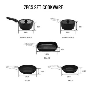 E-TOP Juego de 7 Utensilios de Cocina Negros, Sartén, Cacerola con Tapa, Aptos para Alimentos, para Cocinar, Freír con Aceite o Mantequilla, Hervir Sopa, Utensilios de Cocina Tipo Le <span class=keywords><strong>Creuset</strong></span> - Product Image 2