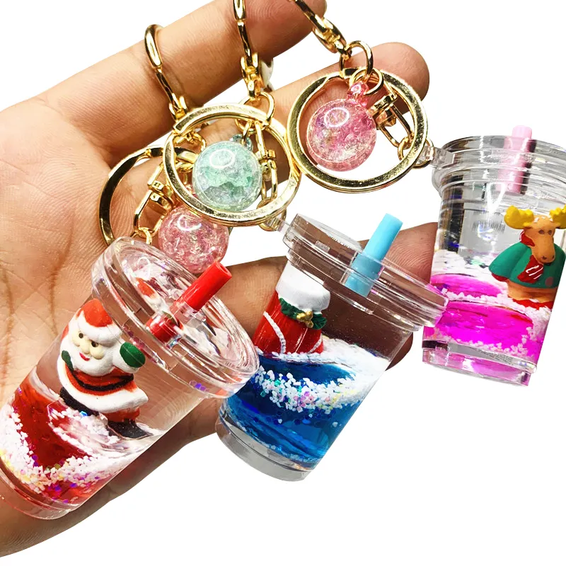 Christmas Floating Acrylic Liquid Key chain Christmas Ornaments key ring bag pendant for gift