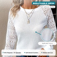 Haut en tricot pointelle pour femme, manches longues en dentelle, col rond, coupe ajustée, chemisier décontracté pour le printemps et l'automne