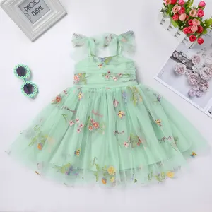 Daily Wear Floral Butterfly Tulle Sleeveless Dress Strap Design Smock Back Knee Length Princess Party Kids Dresses