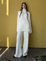 Blubelle Nouvel ensemble 2 pièces pour femme : pull côtelé à col roulé et pantalon large, en tissu doux, coupe ample, automne-hiver, décontracté, couleur unie