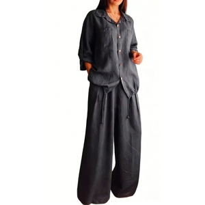 Women's Linen 2 Piece Set - Button <b>Down</b> Drawstring Shirt & Wide Leg <b>Pants</b> Outfit Womens Clothes Womens Sets Fashion - Product Image 2