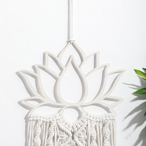 Tapiz de macramé bohemio hecho a mano, tejido a mano con cuerda de algodón y cuentas de loto azul <span class=keywords><strong>para</strong></span> decoración del hogar. - Product Image 4