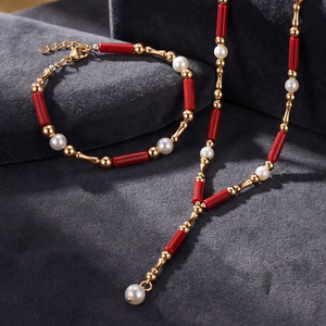 تصميم جديد لعام <span class=keywords><strong>2026</strong></span>: قلادة من الأحجار الطبيعية واللؤلؤ مع مجوهرات من اللؤلؤ الصناعي، طقم قلادة وسوار أنيق للنساء - Product Image 1