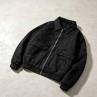 Blouson Bomber Homme en Toile Enduite Noire Délavée, Col Classique, Coupe Ample Oversize, Formel, Printemps Automne, Vêtement de Travail Extérieur Imperméable, Personnalisable OEM