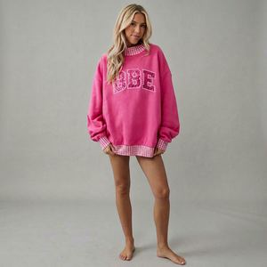 Sudadera Oversize Rosa de Felpa para Mujer, Cuello Redondo, Hombros Caídos, Manga Larga, 100% Algodón, Bordado, Estilo Casual Otoñal - Product Image 1