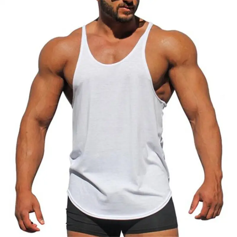 เสื้อกล้าม100% เข้ารูปแขนเสื้อเข้ารูปผ้าฝ้ายคอมบ์สำหรับผู้ชายชุดฝึกสร้างกล้ามเนื้อ
