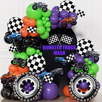 Kit d'arche de ballons Monster Truck avec roues, ballons en aluminium et découpes de camions pour la décoration de fête d'anniversaire sur le thème des voitures de course pour garçons