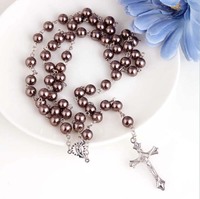 Cadeaux Religieux en Promotion : Collier Chapelet Croix en Alliage Plaqué Or avec Perles d'Imitation et Pierre Principale en Résine pour Fête