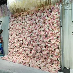 DKB Custom 3D 5D Artificial Flower Wall Panel Backdrop Silk Fabric 8ft X 8ft Pink Blue Rose Wedding Decoration Supplies