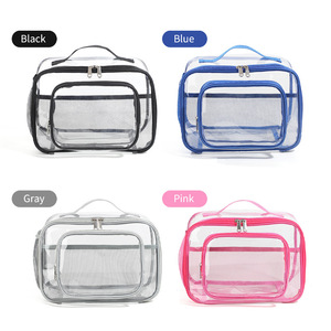 กระเป๋าเก็บเครื่องสำอาง PVC ทรงสี่เหลี่ยมโปร่งใสแบบพกพาสำหรับจัดเก็บอุปกรณ์อาบน้ำพร้อมช่องตาข่ายสำหรับการเดินทาง - Product Image 3