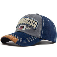 Casquette de baseball vintage en denim, coton délavé, effet vieilli, avec patchs brodés, style hip-hop