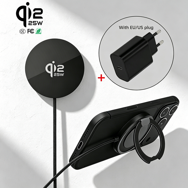 Universal 25W Magnetic Wireless Charger with Phone Stand Qi2.2 Certified Includes US Plug EU Plug Set Compatible