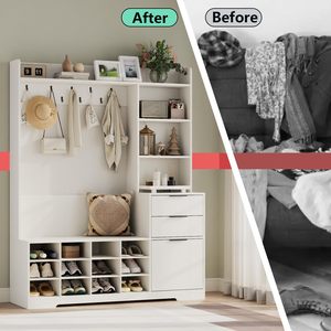 SENYU Farmhouse Entryway Hall Tree <b>Shoe</b> Storage <b>Cabinet</b> with Coat Rack <b>Bench</b> 6 Hooks 5 Shelves Multifunctional Furniture - Product Image 2