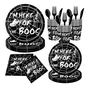 Halloween <b>Disposable</b> Tableware Set Paper <b>Plates</b> Cups Napkins Fork Spoon Knife Party Supplies Kit Spider Web Ghost Skeleton - Product Image 1
