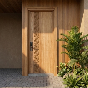 Une porte moderne et minimaliste en bois massif, dotée d'un motif géométrique vertical sculpté et d'une serrure intelligente avancée. - Product Image 4