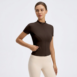 Wholesale Women Full Zip Stand Collar Short Sleeve <b>Yoga</b> Crop <b>Jackets</b> Slim Fit Quick Dry Athletic Tops Stretchy Gym Workout Tee - Product Image 4