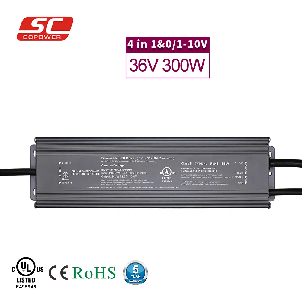 UL ไฟ Led กำลังสูง300W 36V 8.33A Dc110-277 VAC,ไฟหรี่ได้สีขาวสำหรับหรี่ไฟต้นคริสต์มาส