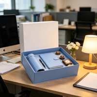 Coffret Cadeau Bleu pour Bureau avec Gobelet, Stylo, Carnet, Boîte à Capsules de Café, Fleurs Séchées – Emballage Personnalisé en Gros, Ensemble Cadeau avec Impression Personnalisée