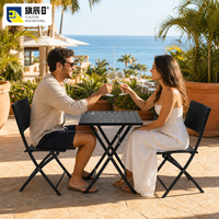 Ensemble bistrot pliant 3 pièces, chaises en osier noir, plateau de table en bois, pour terrasse extérieure