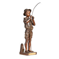 Statue de Jeune Pêcheur en Bronze Patiné Antique, Sculpture Métallique Faite à la Main par Coulée à la Cire Perdus, Garçon Pêcheur, Ornement Décoratif d'Intérieur