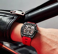 Montres mécaniques automatiques de luxe pour hommes, cadran squelette ajouré, montre de sport, bracelet en silicone noir et rouge, marque personnalisée, usine OEM