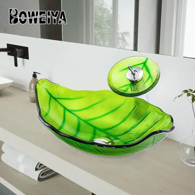 Petits bassins à main en feuilles vertes, armoire de cuisine et de salle de bain, avec socle, 1 pièce