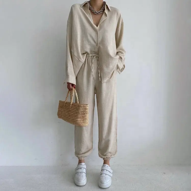 2023 Autumn Fashion Long Sleeve Shirt Two Piece Sets Women High Waist Pant Suit Casual Loose Trouser Suits for Women Clothing