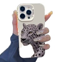 Coque de téléphone portable en TPU PC avec impression de guépard diamanté et argent électroplaqué pour iPhone Xs 11 12 13 14 15 16 17 18 Pro Max