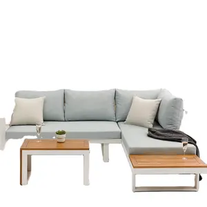 Modern sectional sofa set aluminum teak wood L-shaped patio aluminum garden sofa set outdoor garden furniture