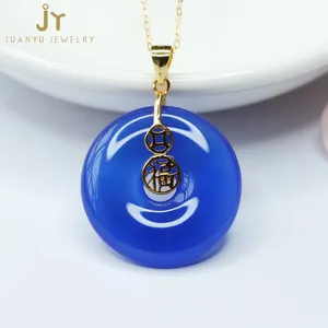 Precious Stone Blue Chalcedony Pendants S925 Silver Gemstones Pendants With Chinese characters Fu Jewelry Stone Agate Pendants