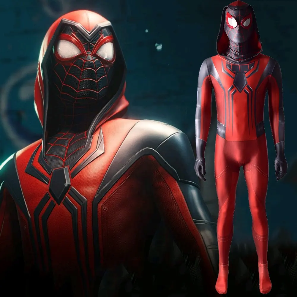 PS5 Miles Morales Rode Hoed Hood Spiderman Spier Man Vrouw Kid Panty Cosplay Dress Set Anime <span class=keywords><strong>Zentai</strong></span> Jumpsuit