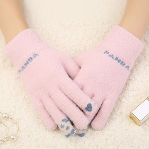 Autumn Winter Warm Nylon Imitation Mink Hair Elastic Knitted Full Finger Wrist Length Touchscreen Cute Cartoon <strong>Panda</strong> <strong>Gloves</strong> - Product Image 2
