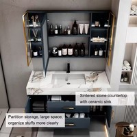 Meuble-lavabo de salle de bain rectangulaire bleu de luxe en pierre brûlée, personnalisé et abordable, avec miroir LED intelligent et vasque intégrée