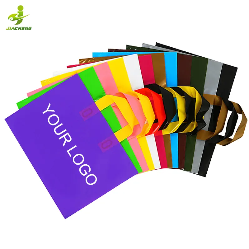 Custom printed logo recyclable retail reusable black plastic poly tote carrier shopping bags with soft loop handles