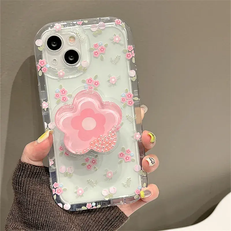 Cute Quicksand Pink Flower Holder Phone Case For iphone 15 14 12 13 Pro Max Plus Japan Korea Girl Stand Floral Clear Soft Cover