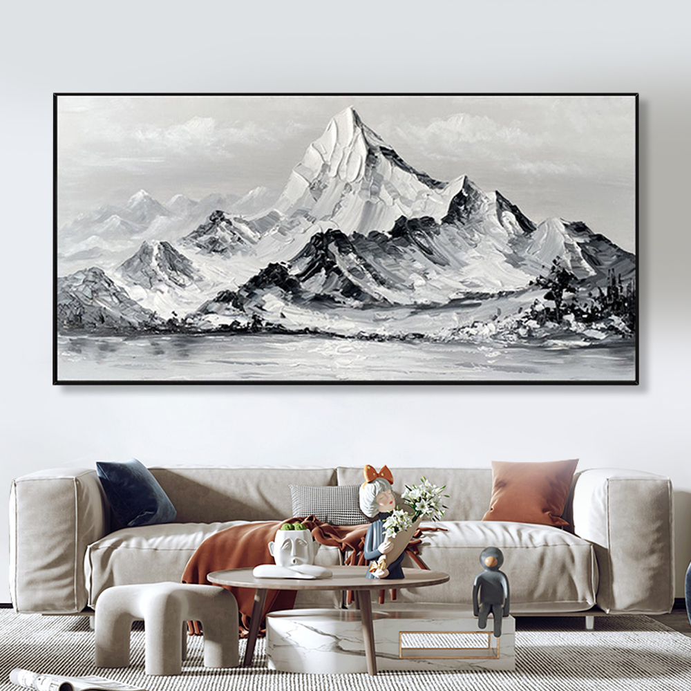Large Mountain Landscape Painting With Textured Arylic Black and White Palette Knife Canvas Art on Black Frame · image 2